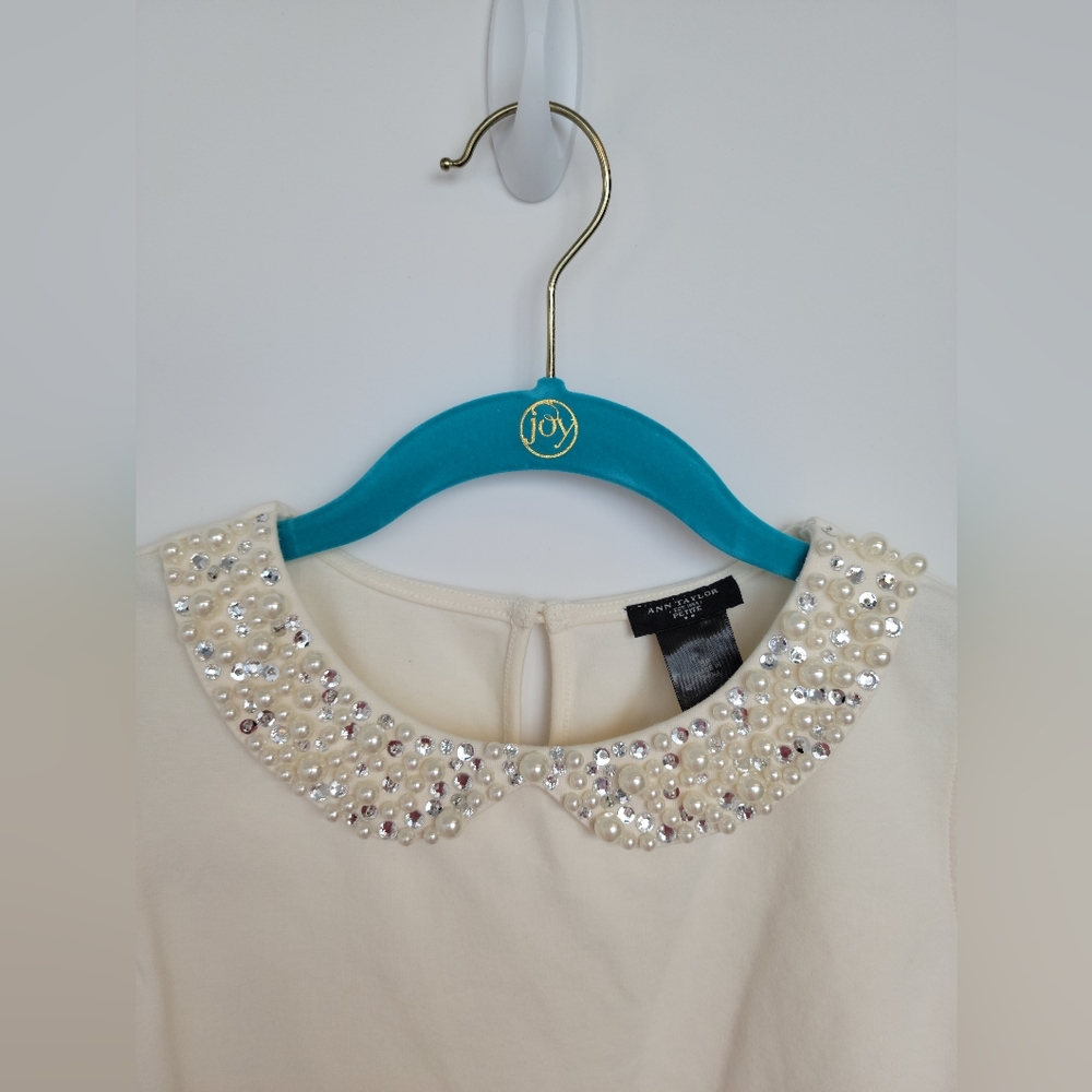 Ivory peplum top with pearl and rhinestone round collar, Petite Small